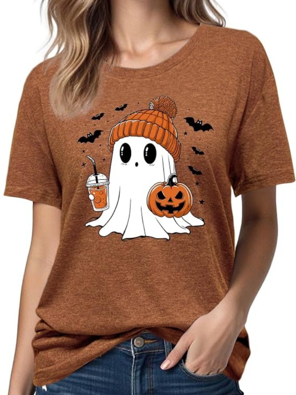 Halloween Shirts for Women: Pumpkin Ghost Short Sleeve Costume T-Shirt